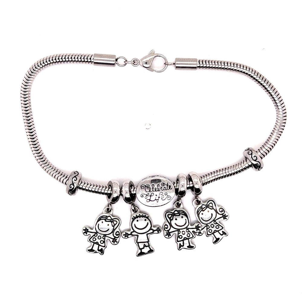 Celebrate Life Family Charm Bracelet Silver Tone Snake Chain 4 Kids Charms 8in